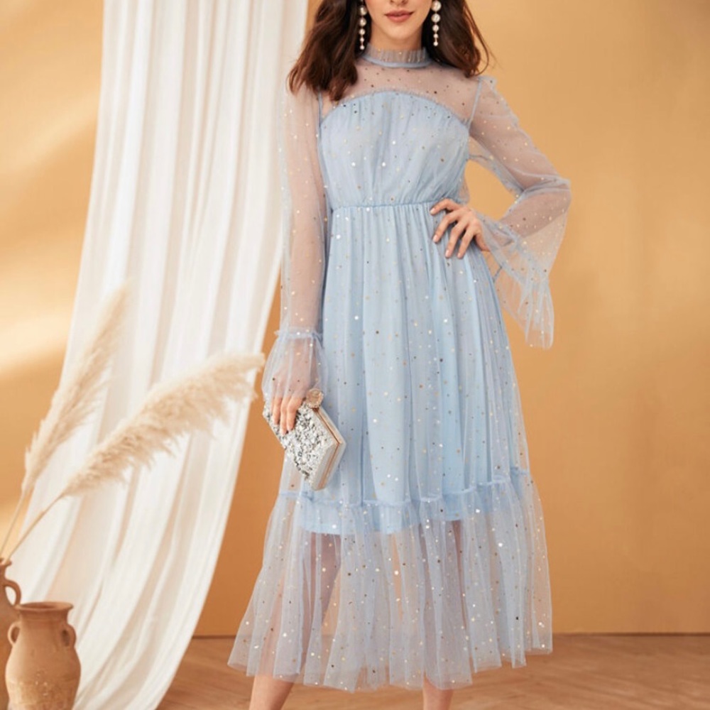 Frilled Neck Bell Sleeves Star Mesh Overlay Dress